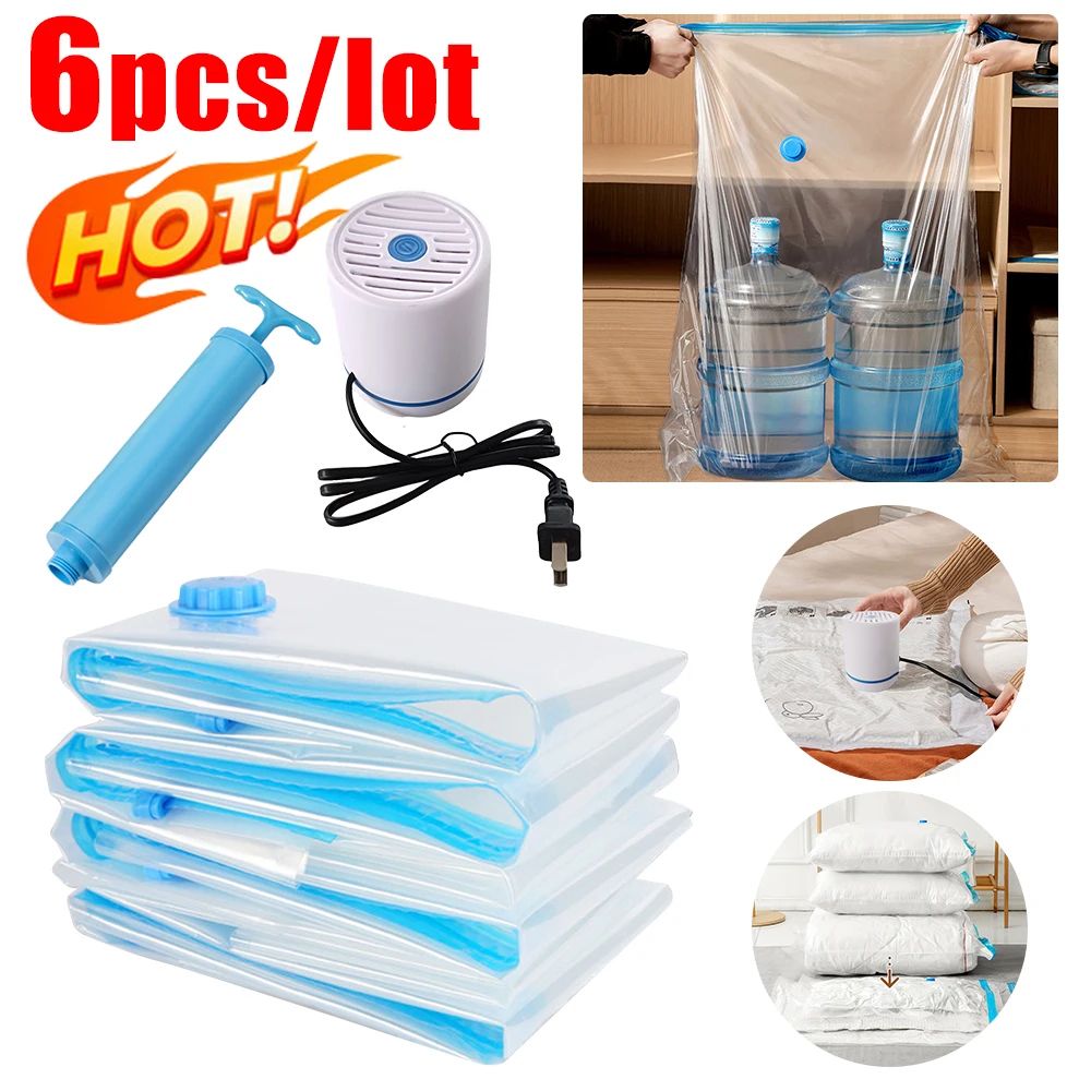 6-Piece Vacuum Storage Bags with Electric Pump – Space-Saving Compression Bags for Clothes & Bedding