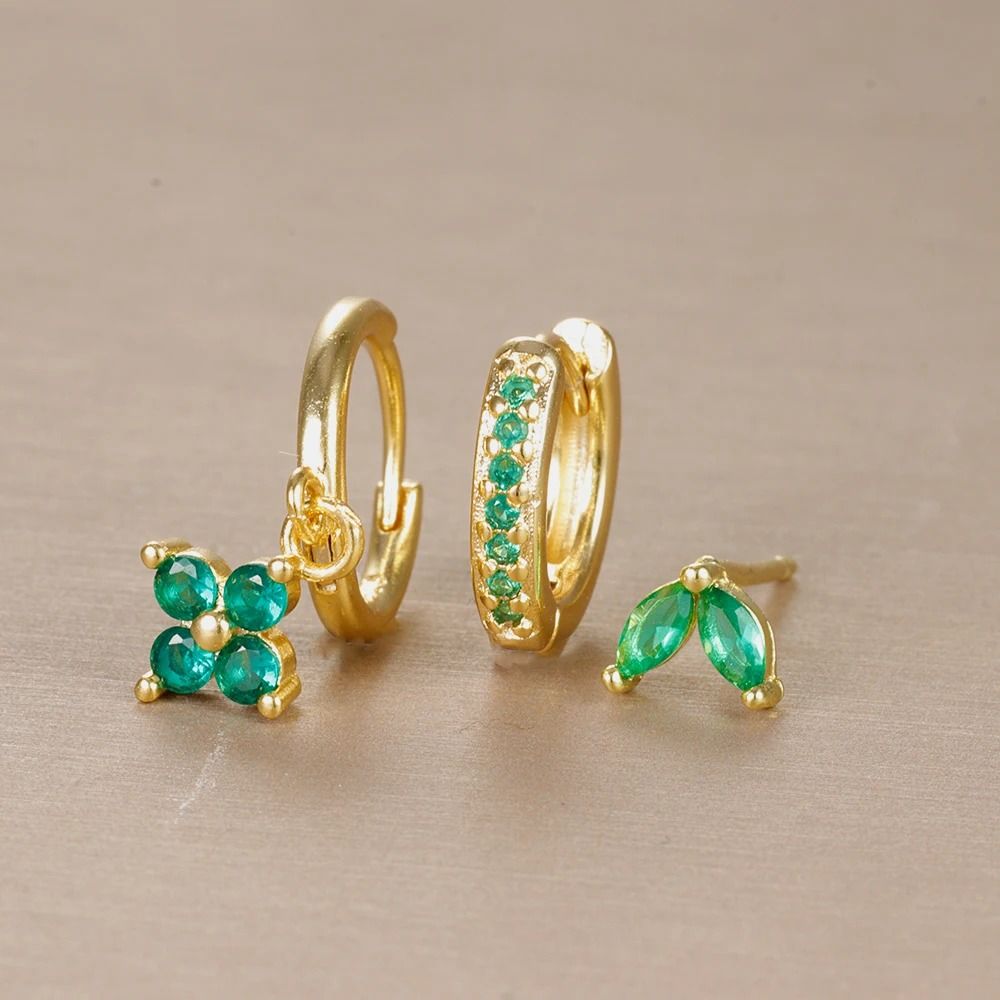 3-Piece Green Crystal Stainless Steel Hoop Set