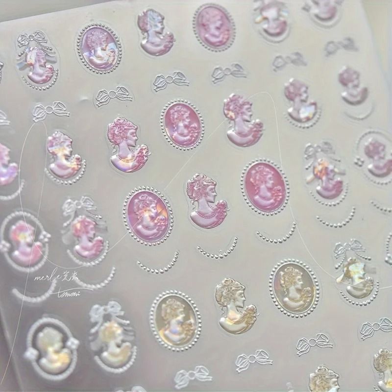 Baroque Pearl Nail Stickers With Iridescent Shell And Lace Pattern