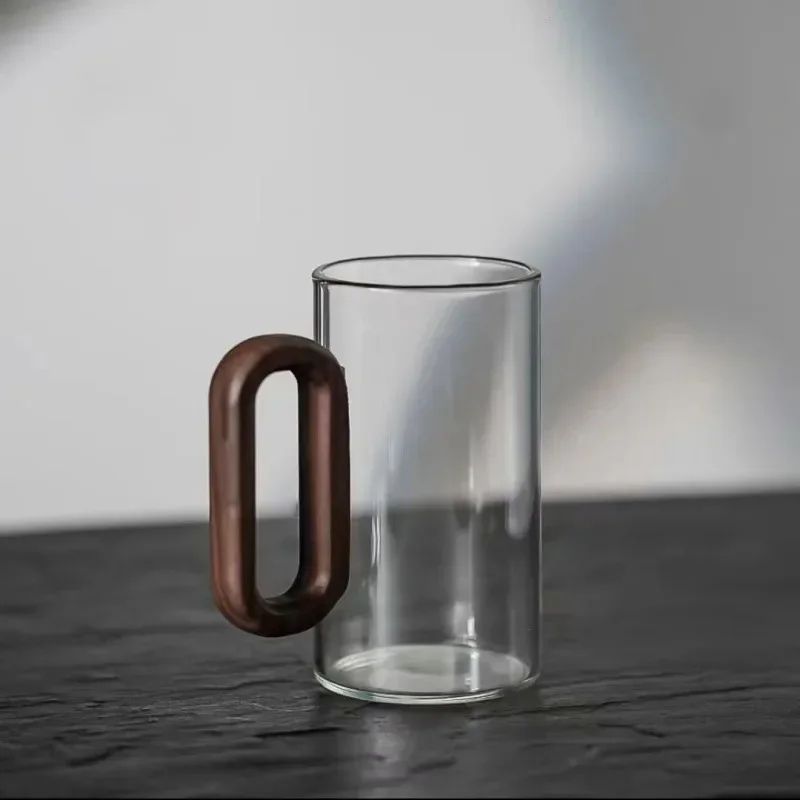 Walnut Handle Borosilicate Glass Water Cup, Vertical Ash Colored Household Tea Cup for Living Room & Kitchen Use