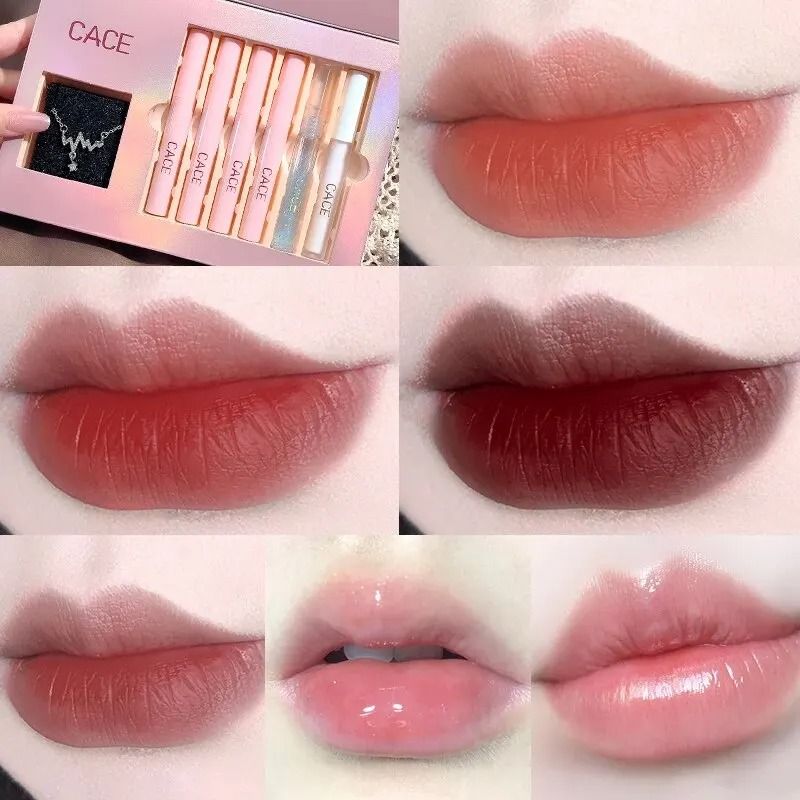 Matte Liquid Lipstick Set with Gloss, Lip Plumper and Necklace 6 Piece Gift Set