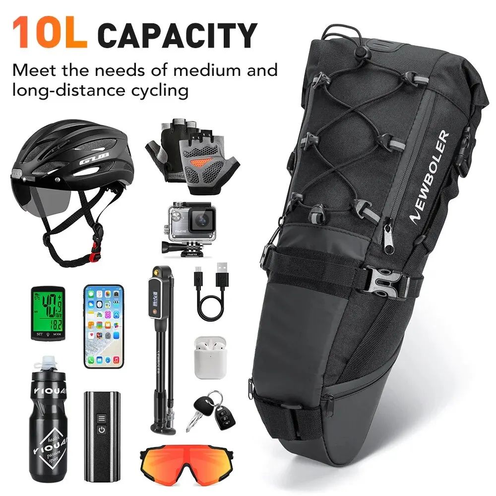 NEWBOLER 10L Waterproof Large Capacity Bicycle Tail Bag - Foldable Bikepacking Rear Saddle Bag