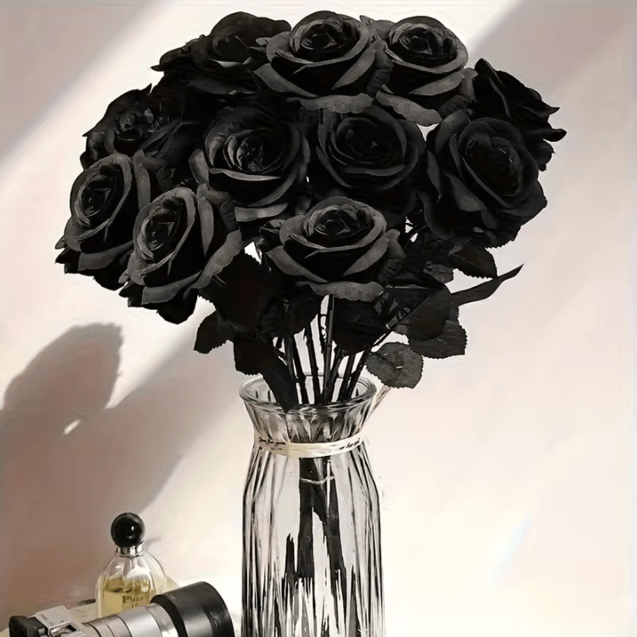 5Pcs Artificial Black Roses – Long Stem Fake Flower Stems for Garden, Office, Home, Wedding & Halloween Party Flower D