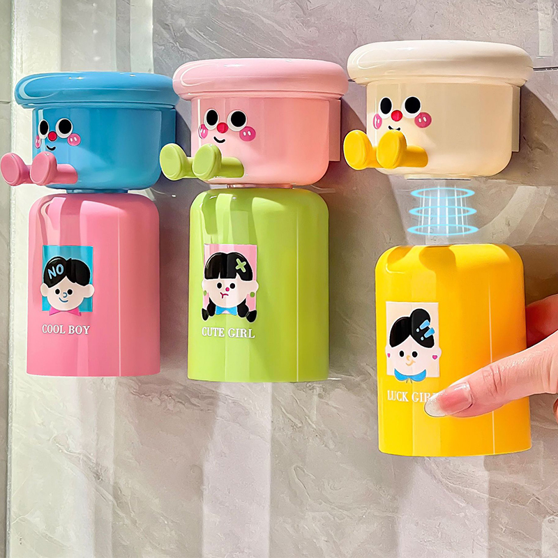 2 In 1 Gargle Cup, Cute Kids Creative Toothbrush Holder, Household No Punching Organizer Rack with Cups for Toothpaste
