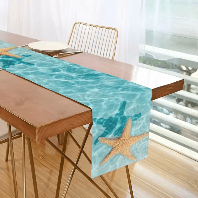 Watercolor Starfish Ocean Linen Table Runner Coastal Dining Decor Reusable Kitchen Table Scarf