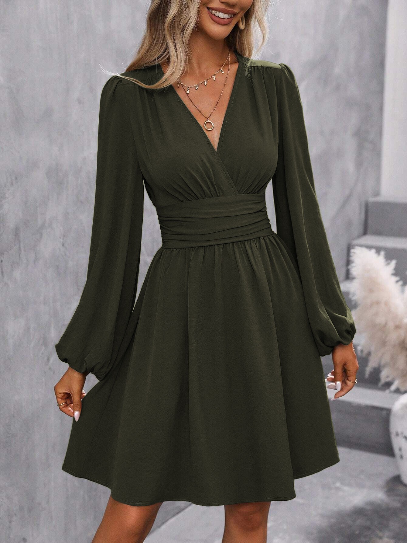 Women Winter Neck Lantern Sleeve Dress, Knit Dress with Waist Shirring, Bodycon Maxi