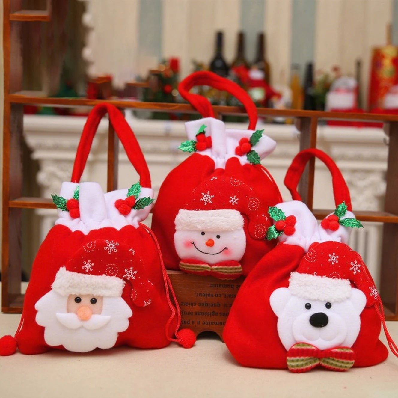 Christmas Drawstring Gift Bags with Handle Set