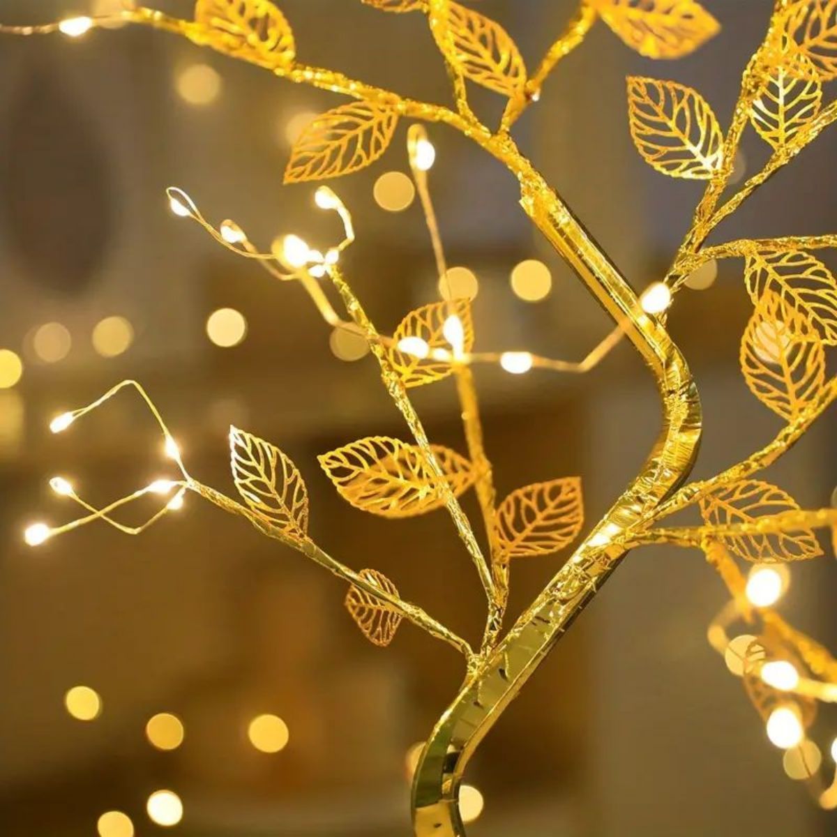 Desk Lamp LED Desktop Night Light, Desktop Bonsai Lamp Shaped, Pearl Gold Leaf, Iron Tree Silver Branch, Star Christmas