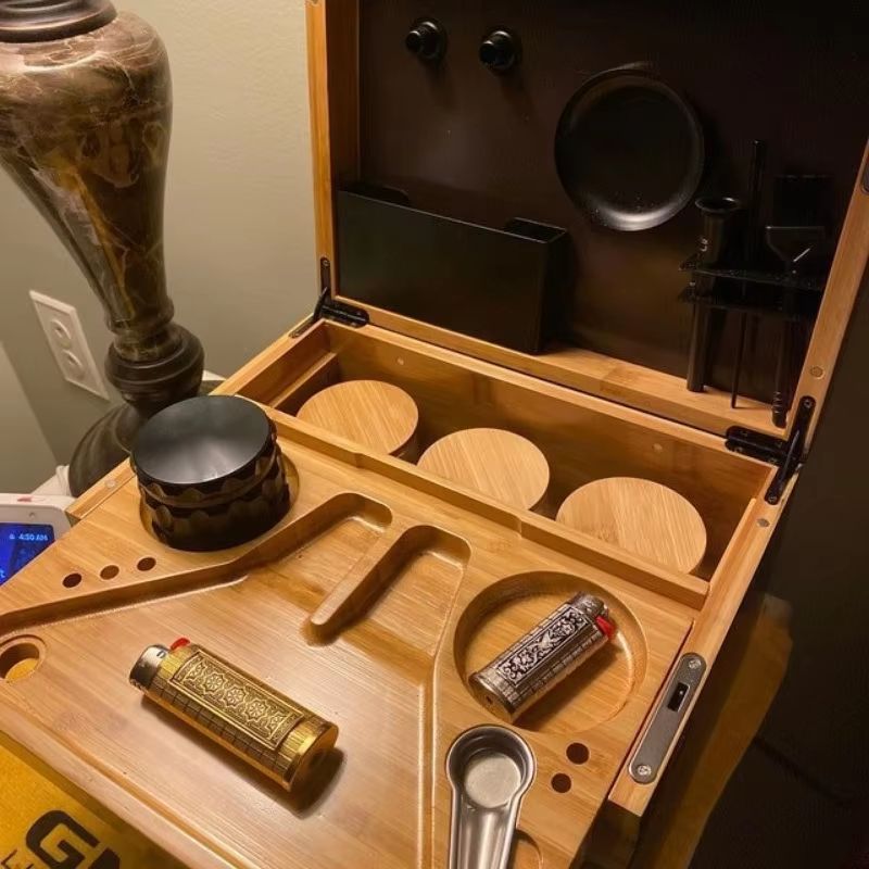 Bamboo LockSafe Organizer Box With Rolling Tray And Storage Compartments
