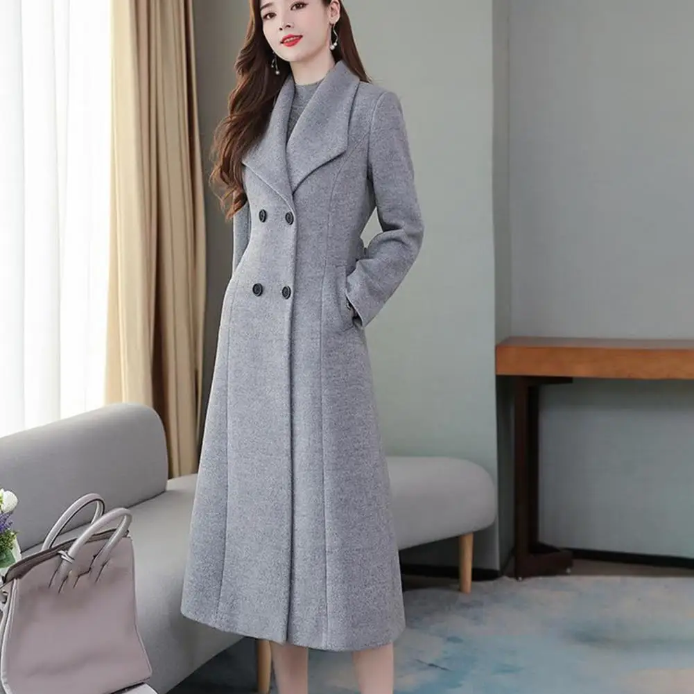 Elegant British Style Women Woolen Coat, Double Breasted Waist Tight, Suit Collar Long Cardigan, Mid Calf Length