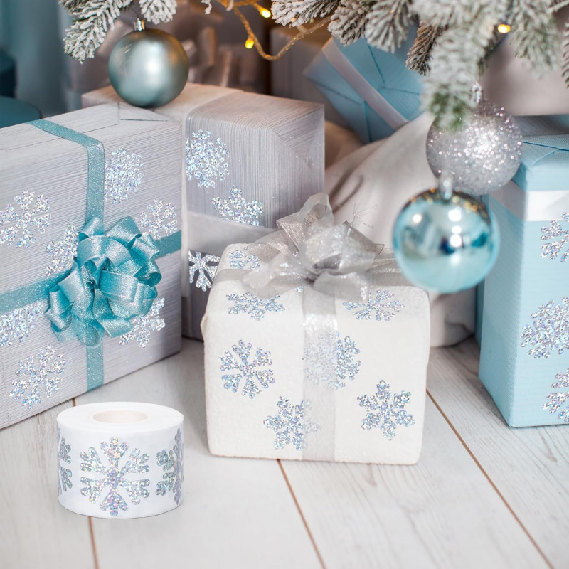 Laser Silver Winter Snowflake Stickers Roll of Christmas Waterproof Self-Adhesive