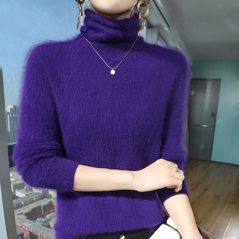 Womens Pure Mink Cashmere Sweater Slim Fit Pullover with Pile Collar Knitted Winter Top