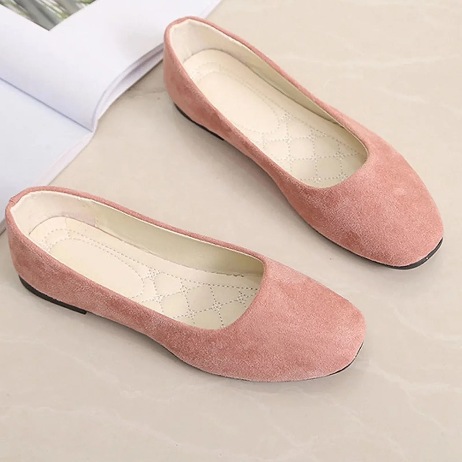Women Suede Loafers Flat Heel Square Toe Basic Pumps