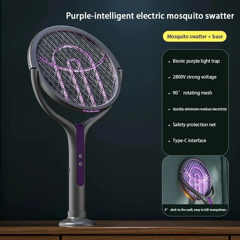 2800V Electric Mosquito Swatter Rechargeable Mosquito Racket with Extension Handle 5-Layer Safety Protection