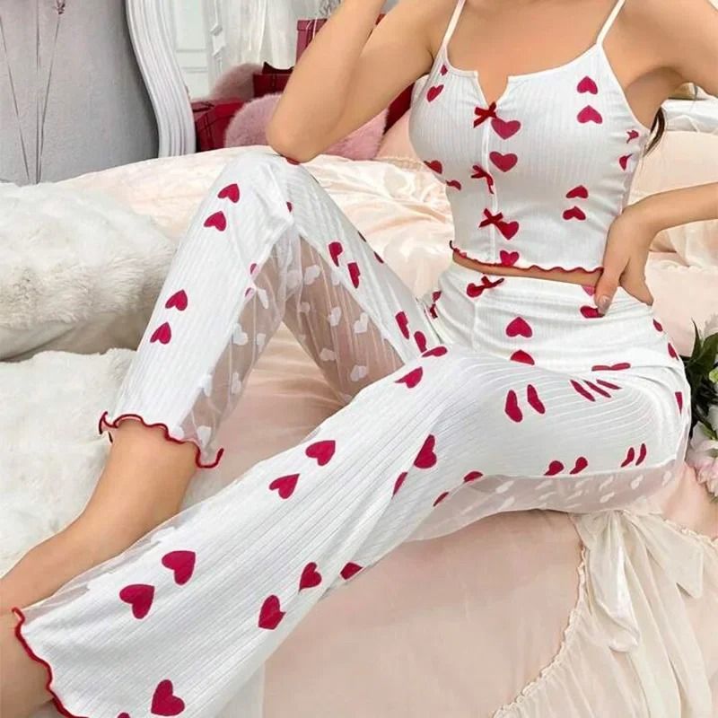 Womens Sheer Mesh Lace Two Piece Pajama Set With Ribbed Strap Top And Pants