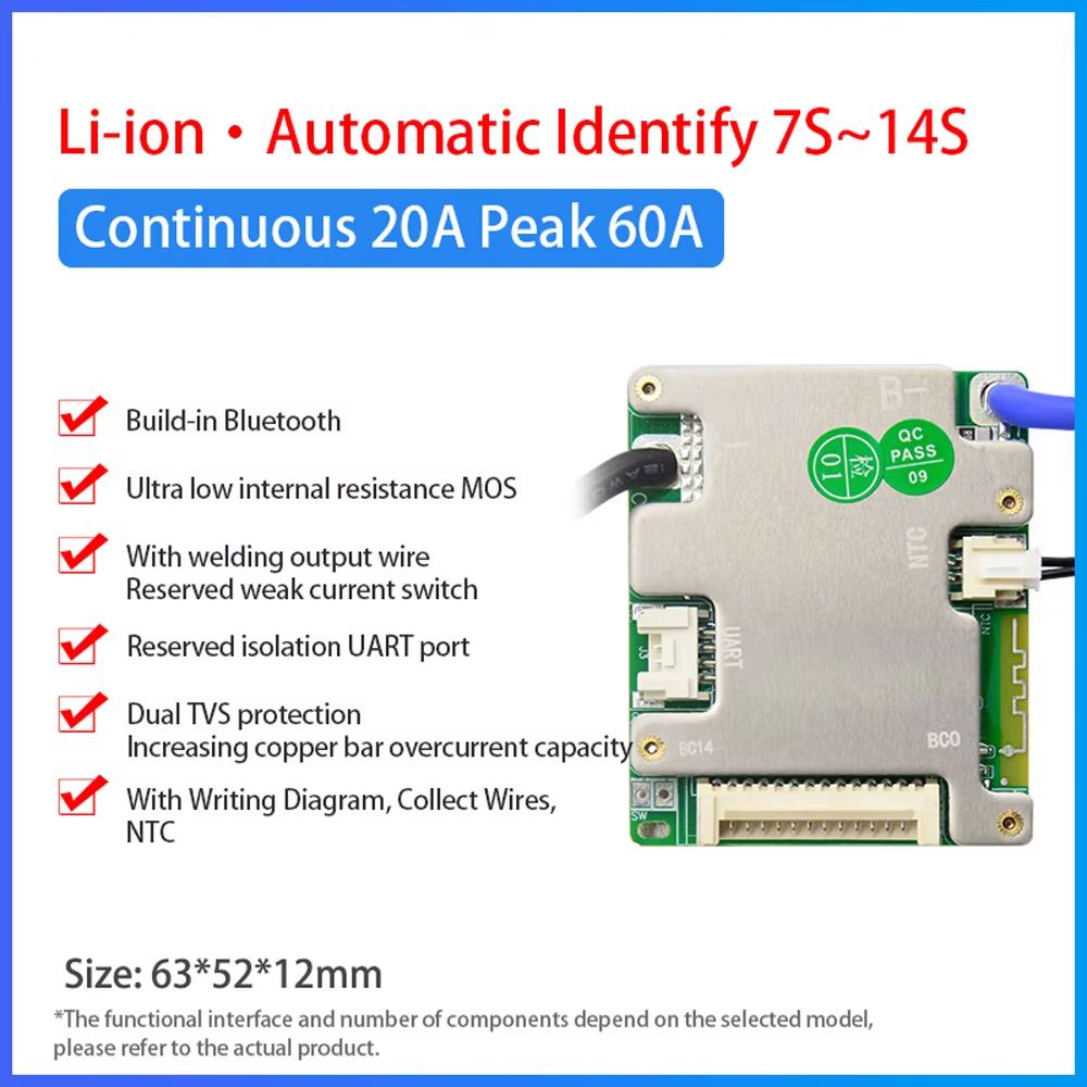 JiaBaiDa Smart BMS 7S–14S 20A/30A Battery Management System – Automatic Identify LFP NMC 24V 36V 48V Protection Board