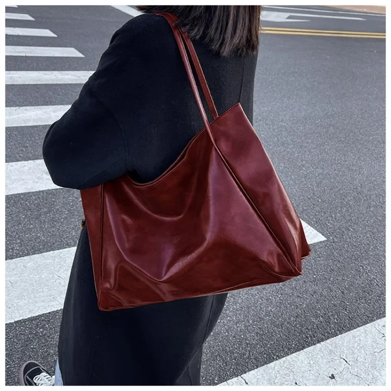 Large Capacity PU Leather Tote Bag Retro Shoulder Crossbody Everyday Handbag