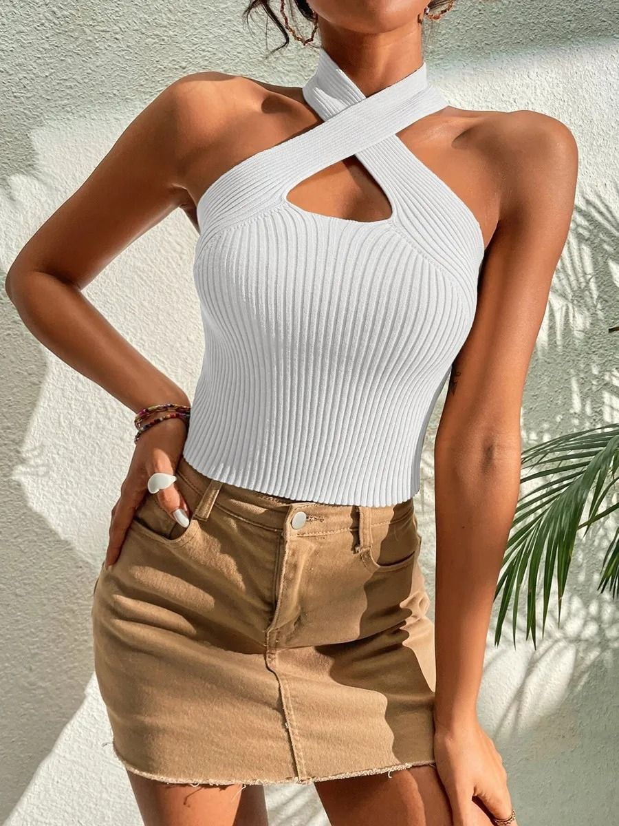 Women Ribbed Knit Criss Cross Halter Crop Top