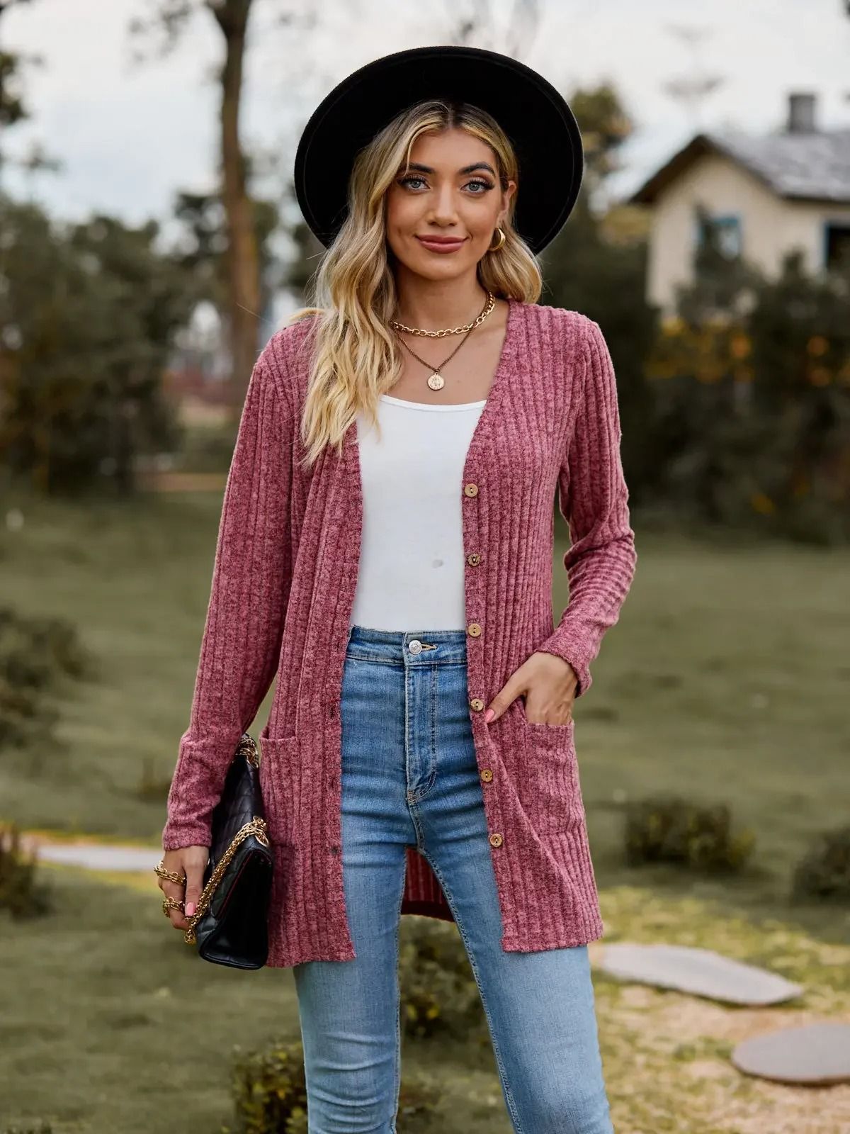 Women Long Sleeve Button V Neck Casual Cardigan Jacket
