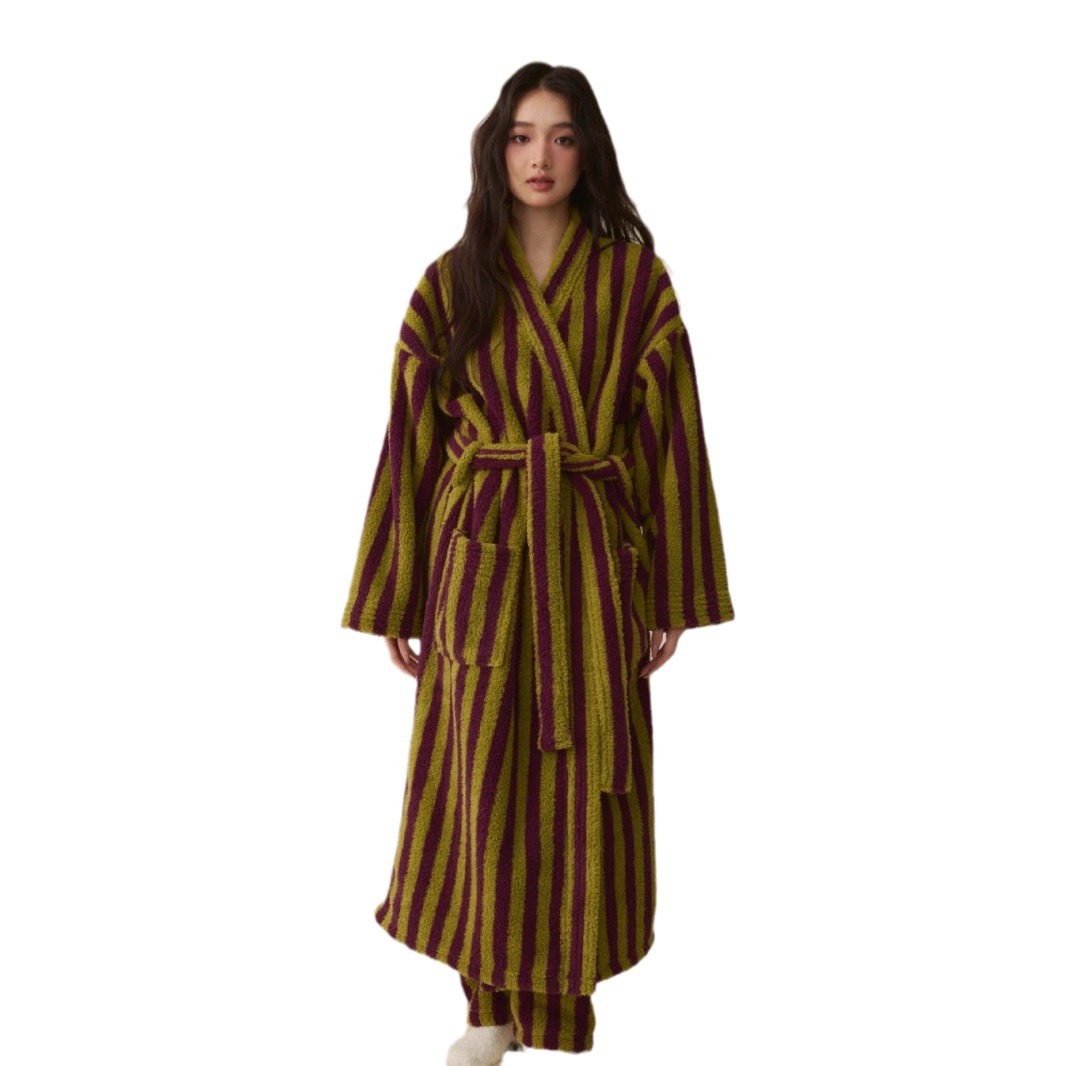 Autumn Winter Couple Bathrobe Set, Coral Velvet Thickened Flannel Pajamas for Men and Women, Striped Lengthed Home Cloth
