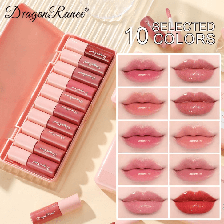 Dragon Ranee 10-Color Cartoon Lip Glaze Set – Waterproof Mirror Lip Gloss Collection