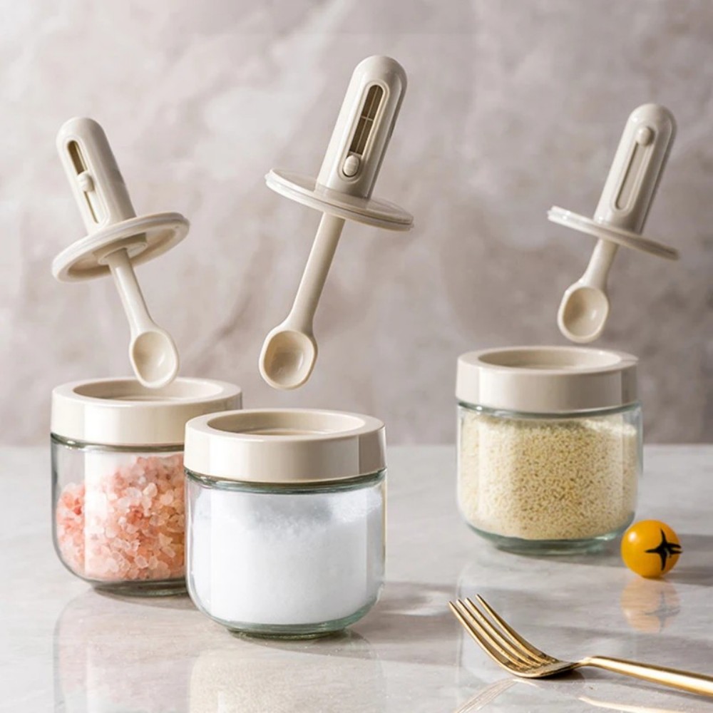 Glass Seasoning Jar with Telescopic Spoon – Leak-Proof and Moisture-Proof Spice Storage Box for Kitchen