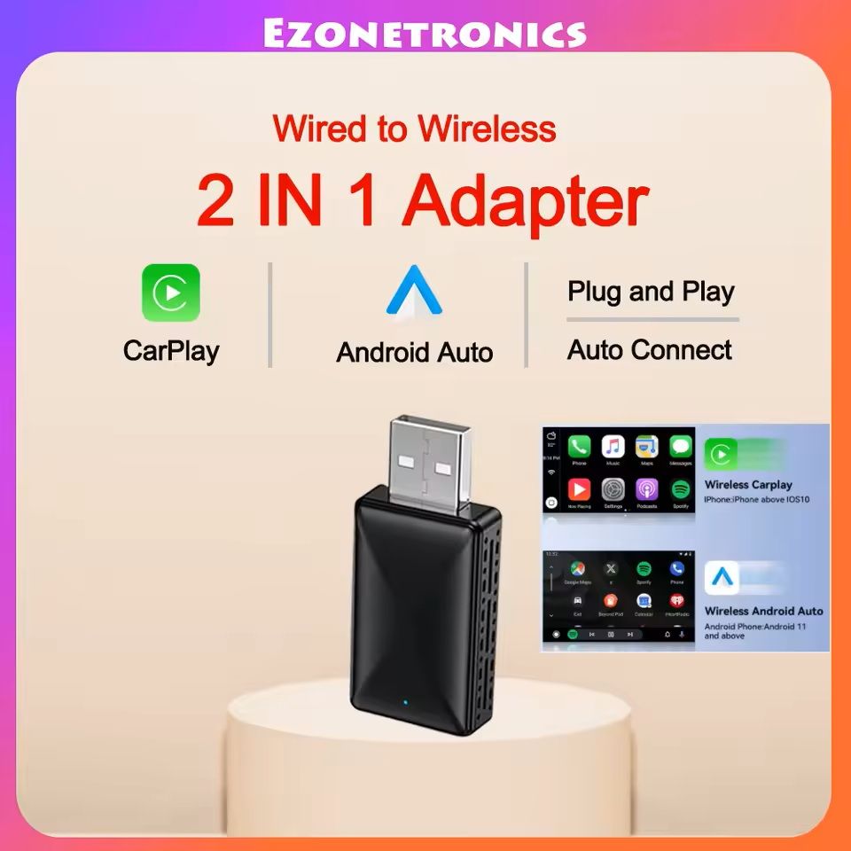 2-in-1 Wired to Wireless CarPlay and Android Auto Adapter with USB Plug