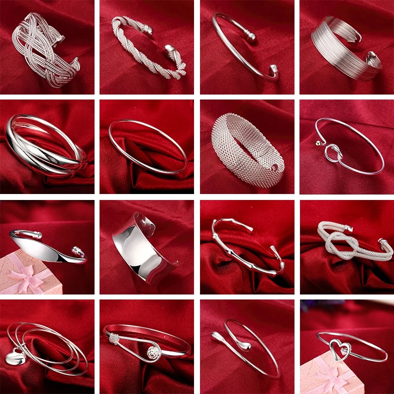 925 Sterling Silver Heart Open Bangles for Women - Fine Adjustable Cuff Bracelet Charms, Ideal Wedding Gift &