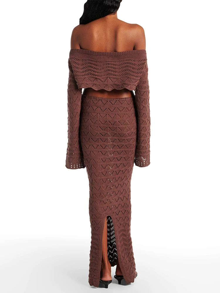 ChicWave Summer Knit Beach Set Two Piece Drawstring Skirt and One Shoulder Top