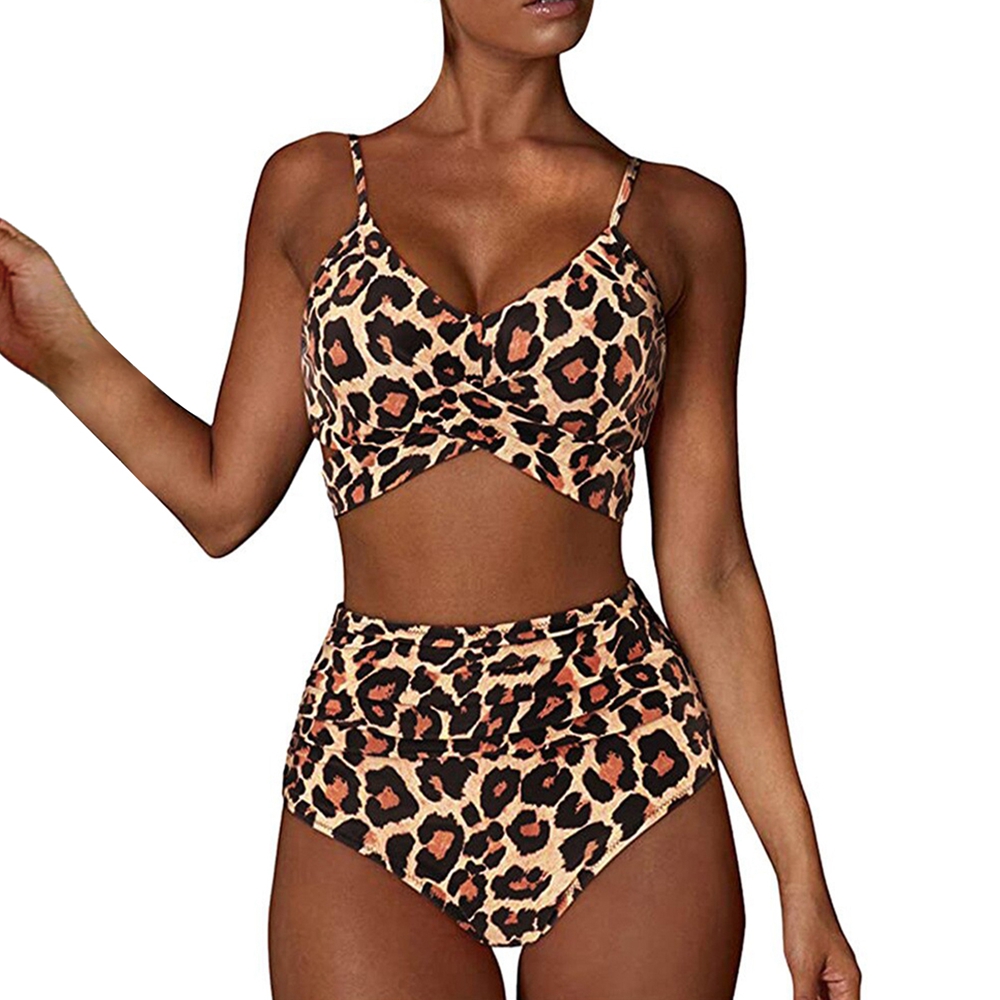 Women Slim Bikini Sets, High Waisted Sexy Swimwear, Solid Floral Ruched Brazilian Swimsuit, Cross Front