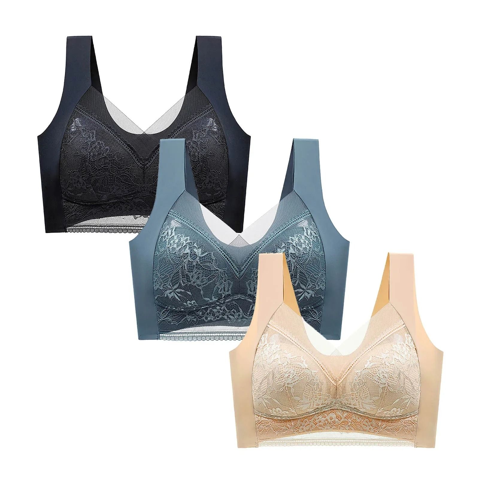 FallSweet 3 Pack Lace Push Up Bra Wireless Deep V Bralette Set L to 5XL