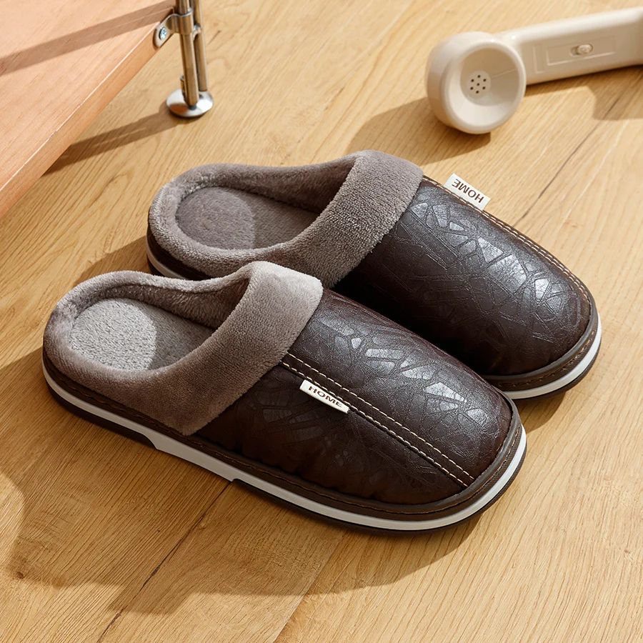 Mens Winter PU Leather Fur Lined Home Slippers