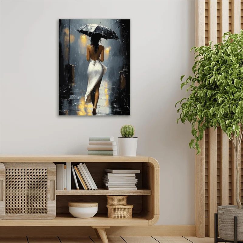 Romantic Rainy Night Canvas Wall Art Framed Umbrella Street Scene Decor