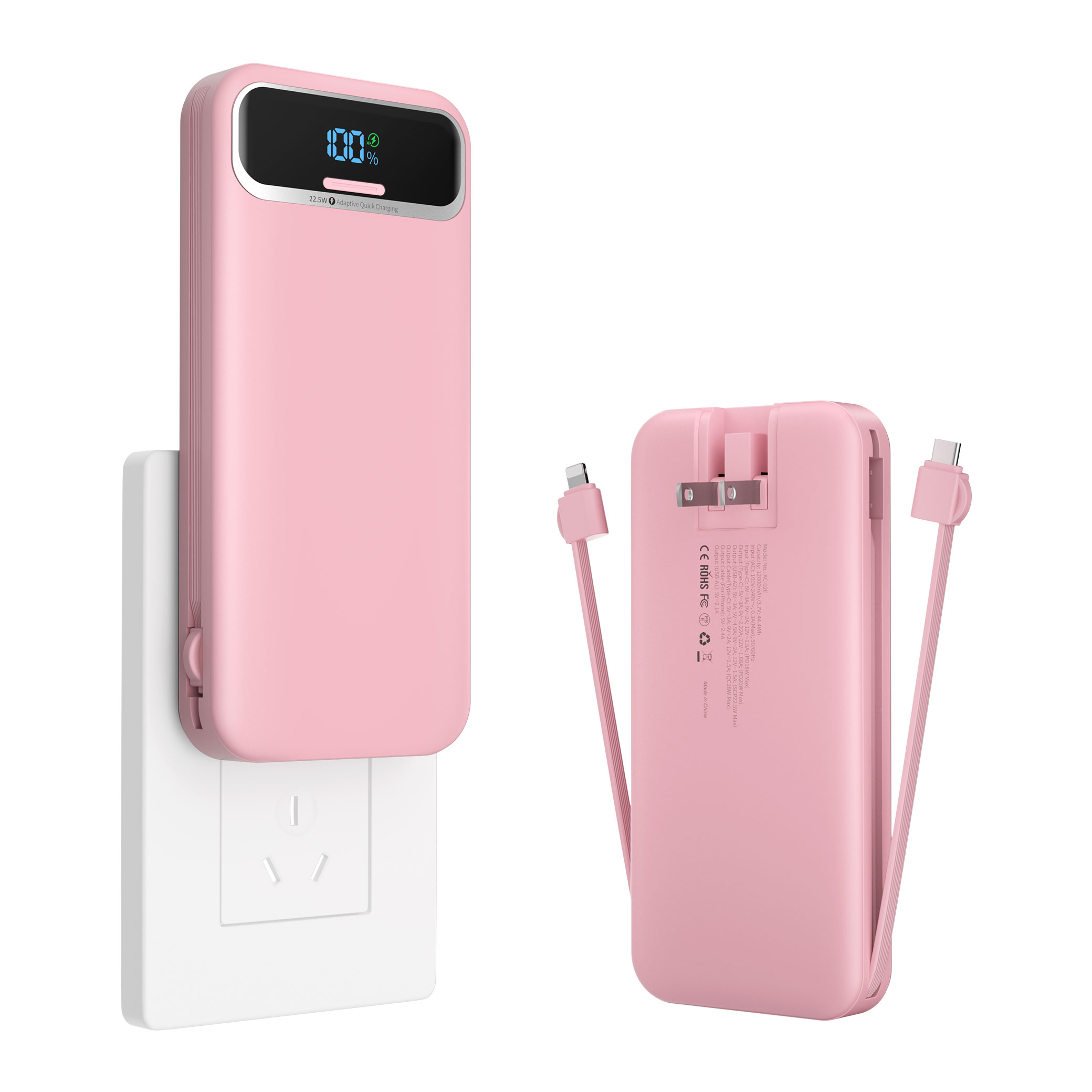 Ultra Thin 12000mAh Fast Charging Power Bank with Built In Cables and AC Plug