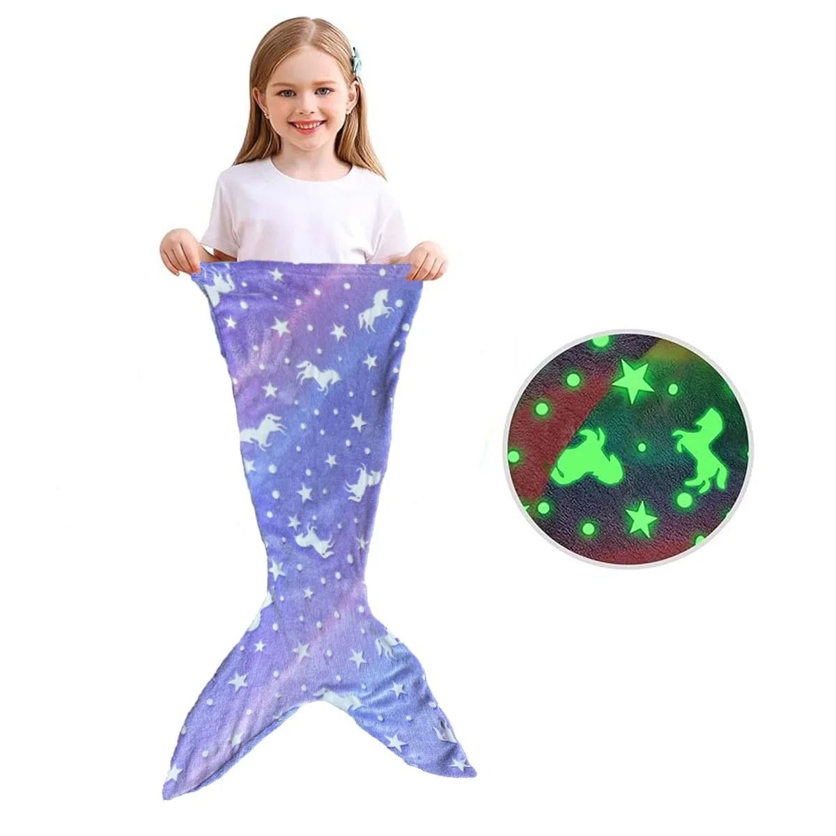 Glow in the Dark Unicorn Mermaid Tail Blanket for Girls