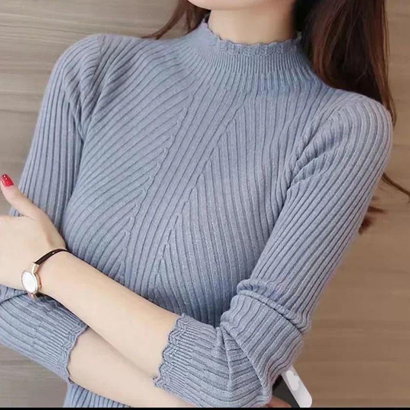 Women Mock Neck Ruffle Sweater Long Sleeve Knit Pullover