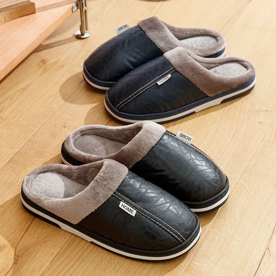 Mens Winter Indoor Slippers Waterproof PU Leather Warm House Shoes Big Sizes