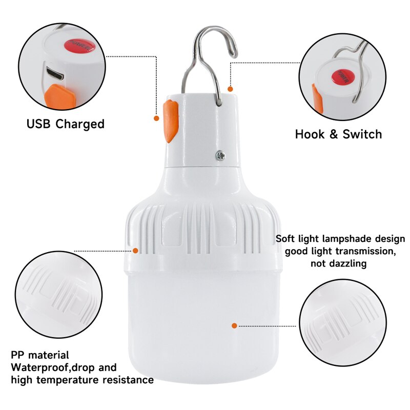 High Brightness Emergency Light Hook Up, Outdoor USB Rechargeable LED Lamp, Portable Lantern for Camping Night Lights
