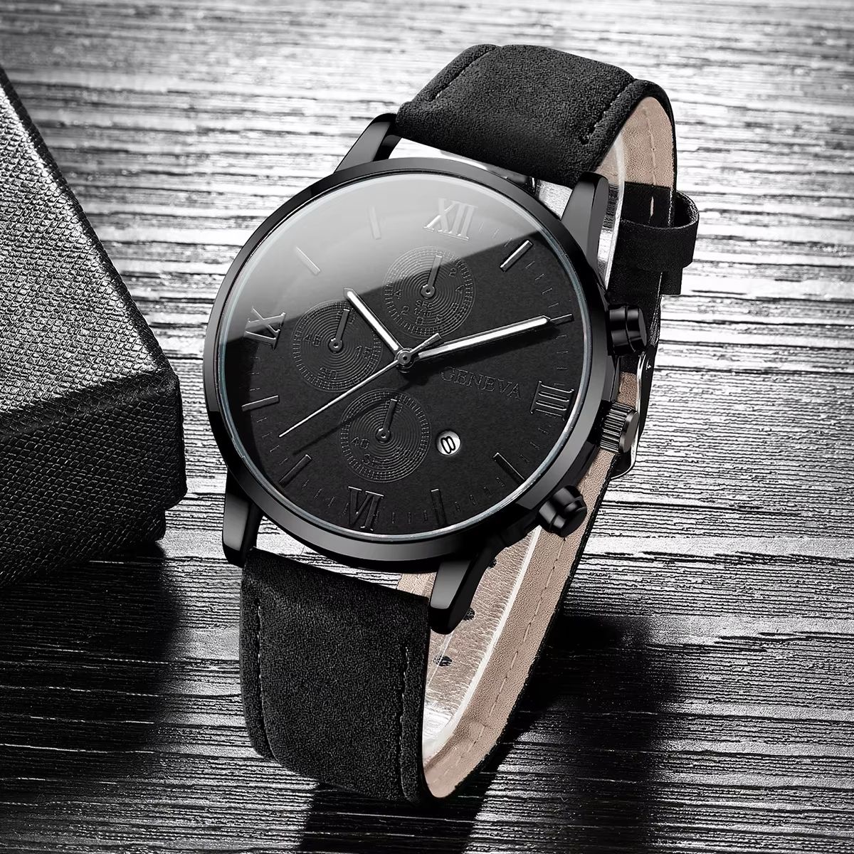 Men's Casual Leather Quartz Calendar Watch Set