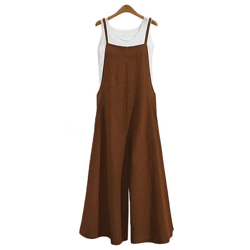 Womens Cotton Linen Wide Leg Jumpsuit – Casual Sleeveless Summer Overalls with Adjustable Straps