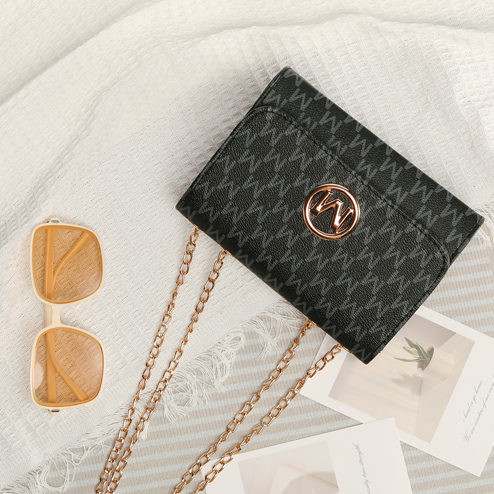 Womens Retro Monogram Chain Crossbody Bag Chic Black Square Design with Logo