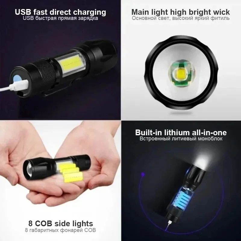 USB Rechargeable Mini COB+XPE LED Flashlight with Zoomable Beam and 3 Modes