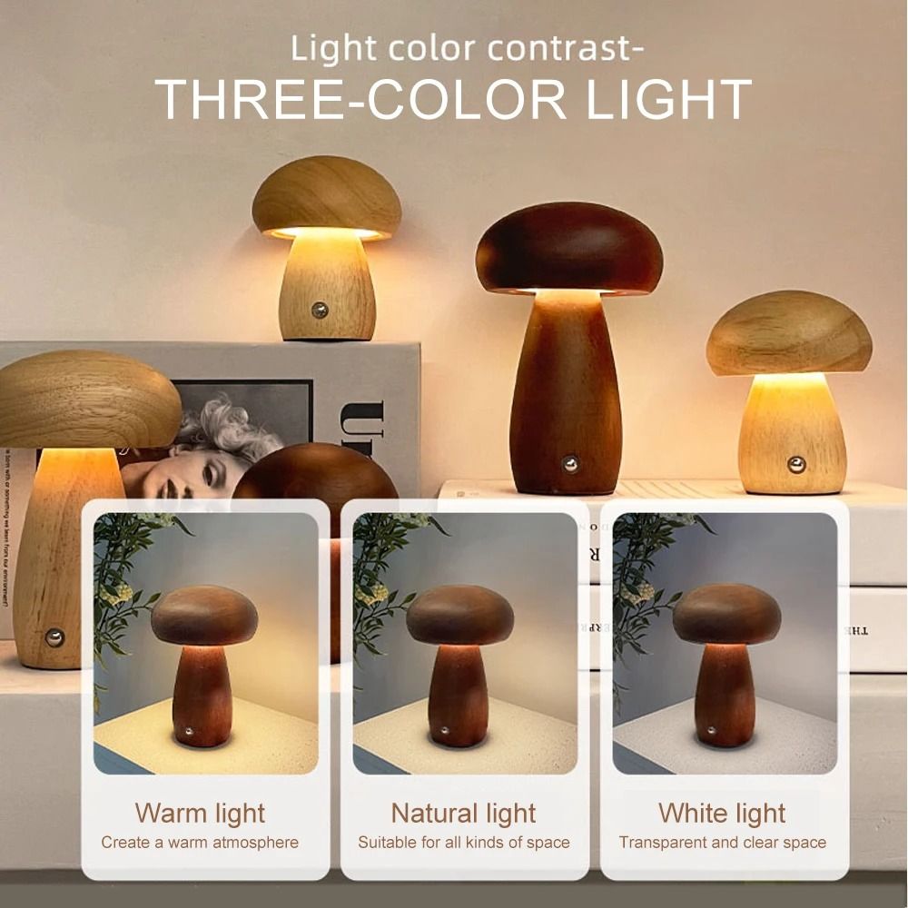 Wooden Mushroom Night Light with Stepless Dimming and Rechargeable Battery