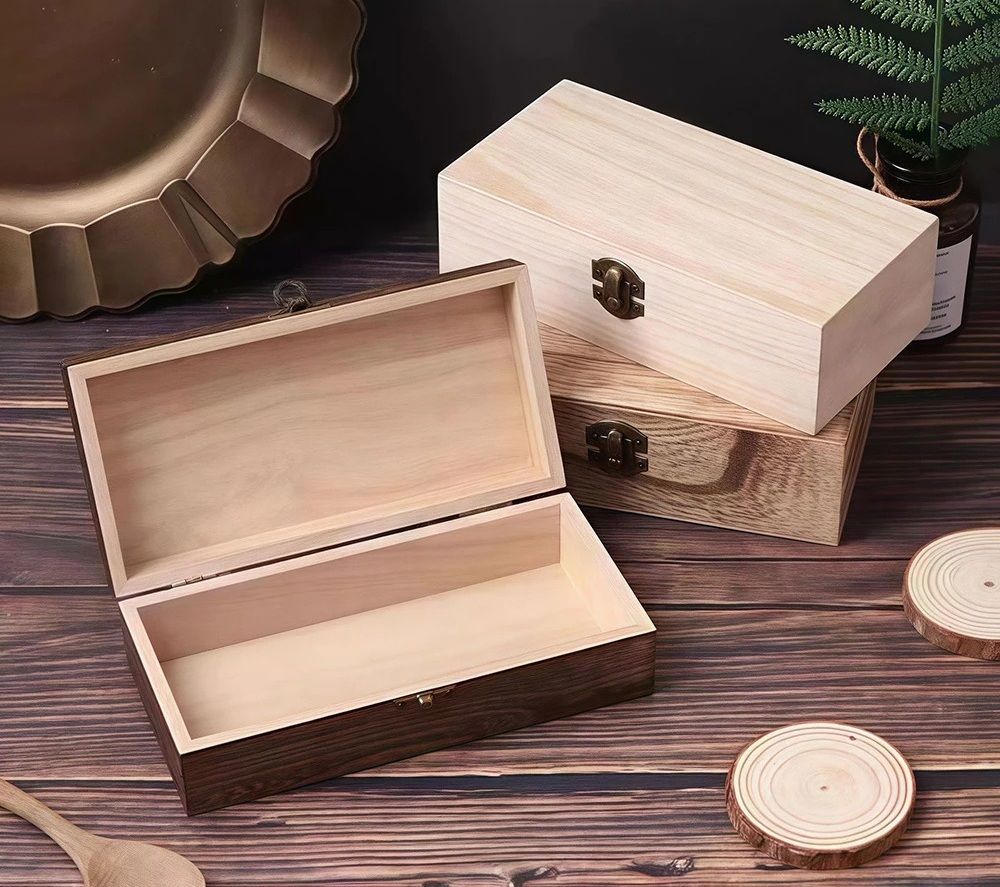 Rectangular Wooden Gift Box Storage Organizer With Hinged Lid And Latch