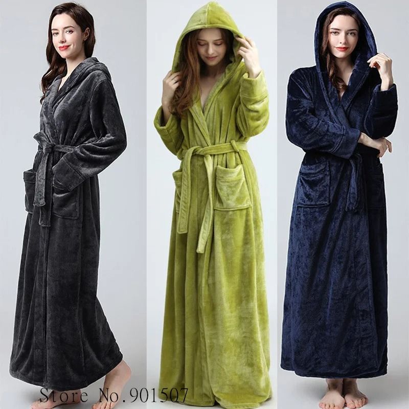 Extra Long Winter Coral Fleece Bathrobe – Hooded Warm Kimono & Cozy Shower Robe for Women