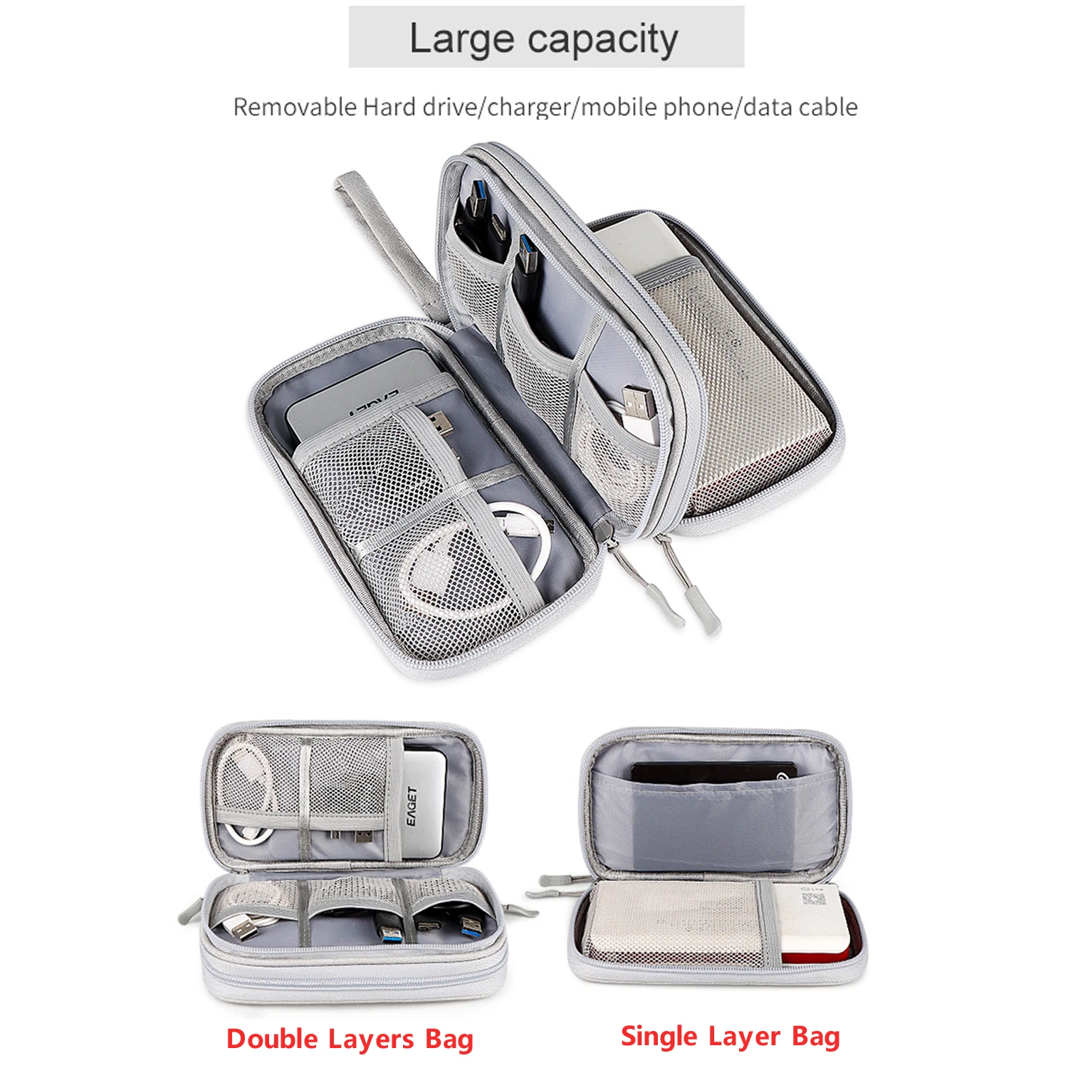 Data Cable Storage Bag Waterproof, Travel Organizer Bag USB Charger Case, Portable Layers Carry Bag, Cable Cord Storage