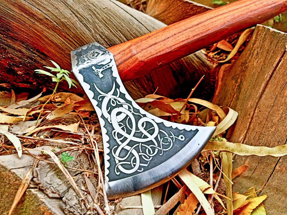 Handmade Carbon Steel Viking Throwing Axe | Rare Art Axe with Carved Ashwood Handle Axe