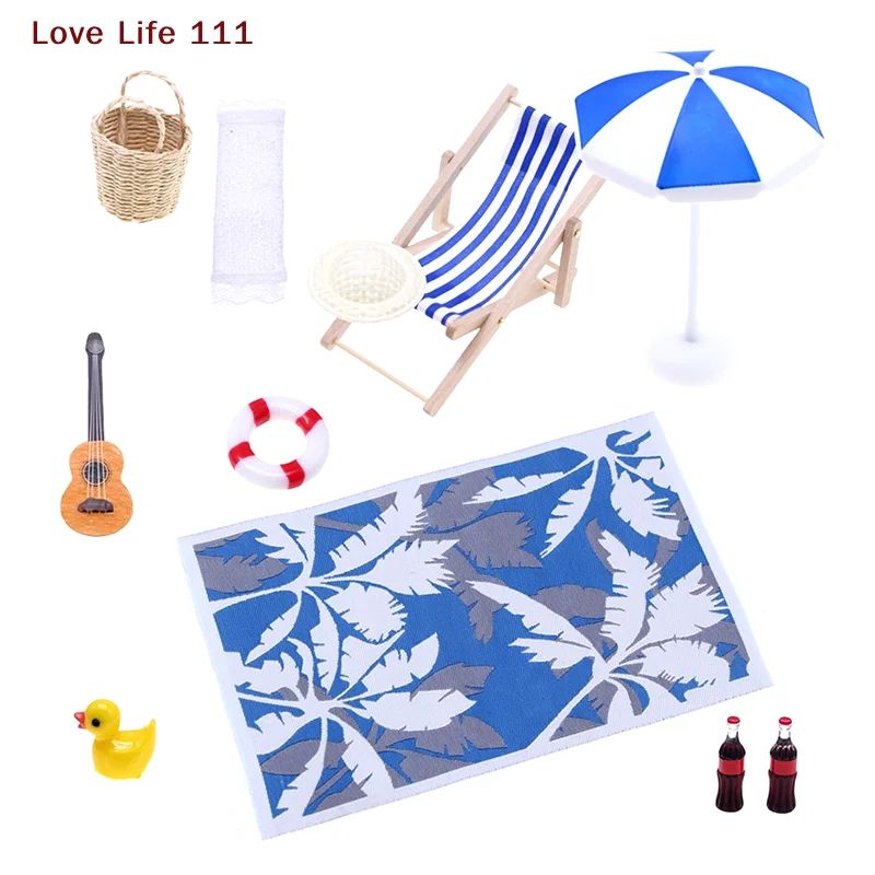 Mini Beach Umbrella & Deck Chair Set for Dollhouse & Fairy Garden Decor