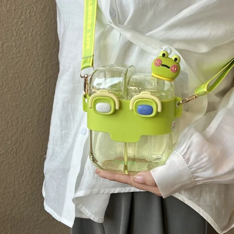 Large Capacity Kids Water Bottle with Straw Double Compartment Cartoon Design