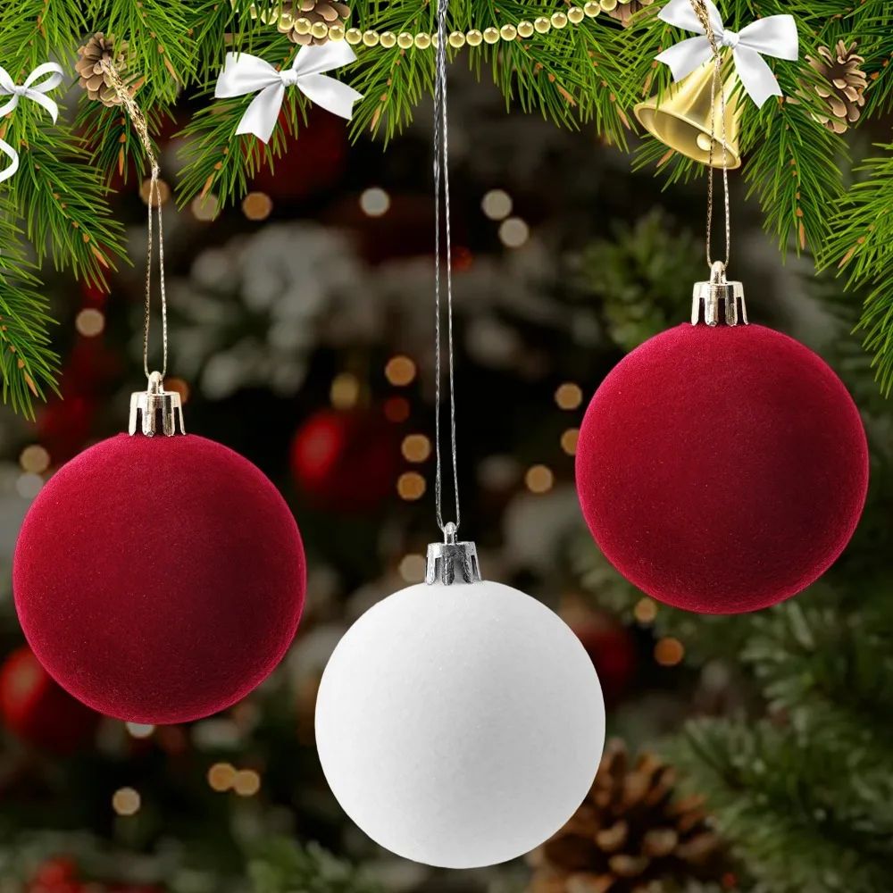 Red Flocked Christmas Ball Ornaments 6cm Tree Decorations